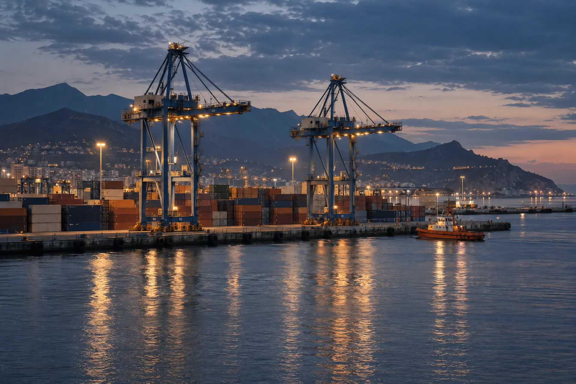 Gru e container di un terminal portuale all'ora blu