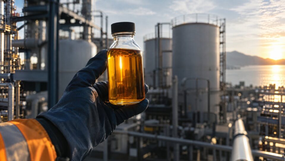 Una mano guantata regge una fiala di biodiesel davanti ai serbatoi di una bioraffineria