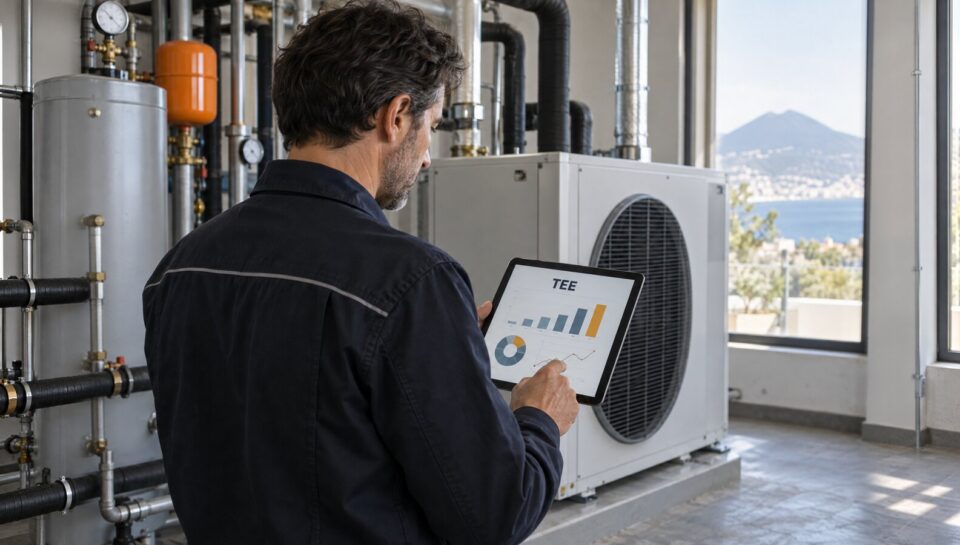 Un energy manager controlla su tablet una pompa di calore ad alta efficienza in centrale termica