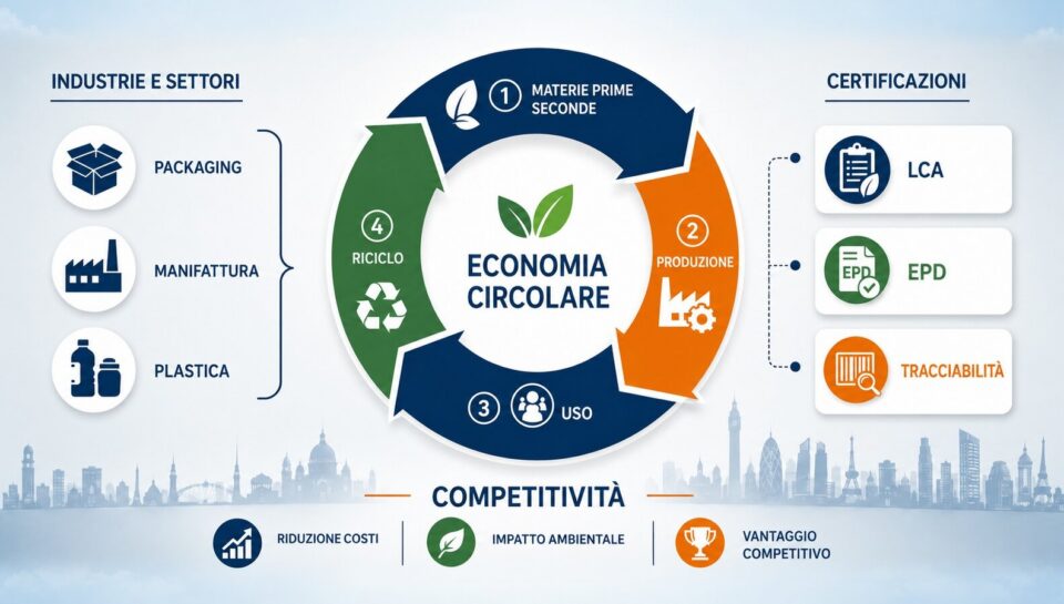 Infografica sull'economia circolare: materie prime seconde, produzione, uso e riciclo