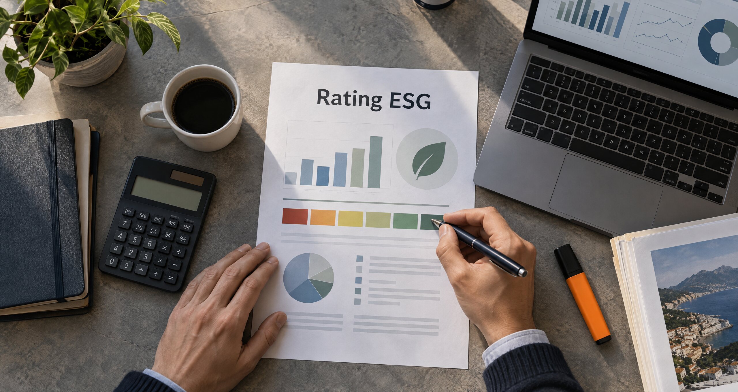 Scrivania vista dall'alto con un report intitolato Rating ESG, grafici, calcolatrice e portatile