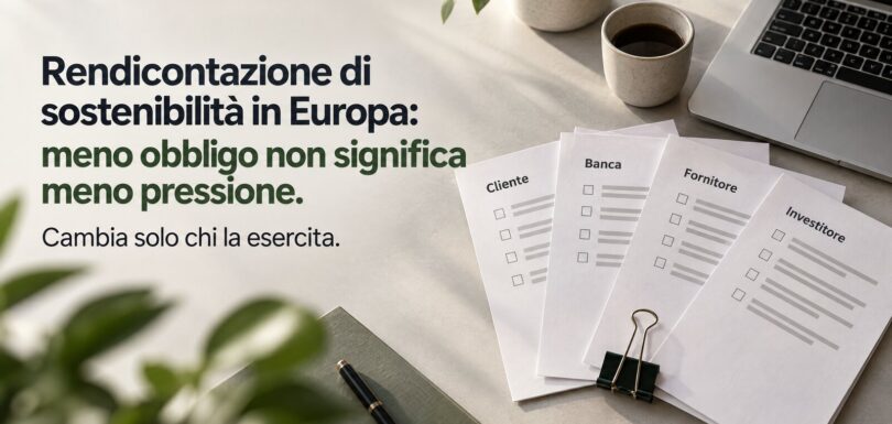 Copertina con il titolo «Rendicontazione di sostenibilità in Europa: meno obbligo non significa meno pressione»