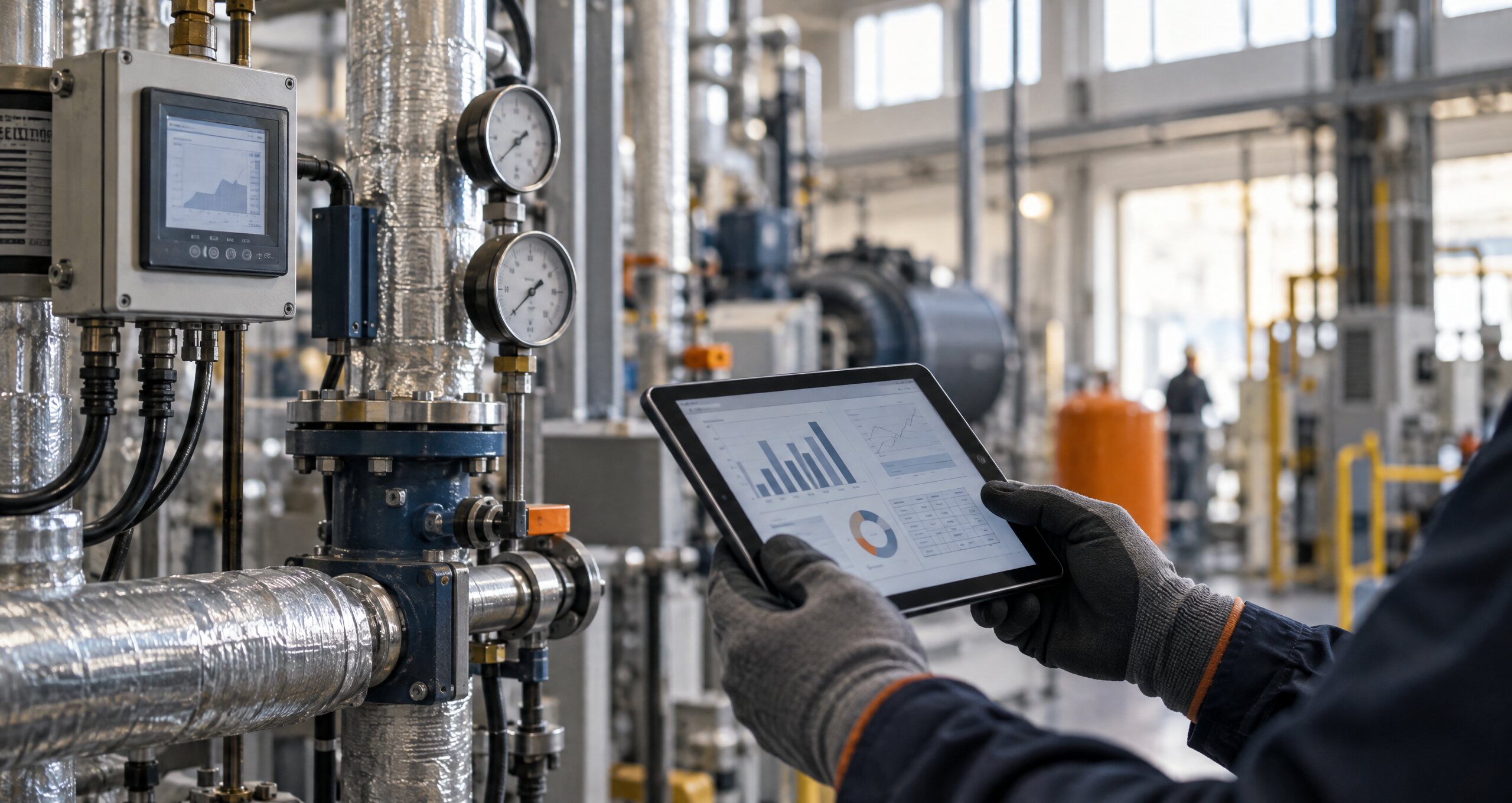 Le mani di un tecnico con un tablet davanti a un contatore di energia e ai manometri di uno stabilimento